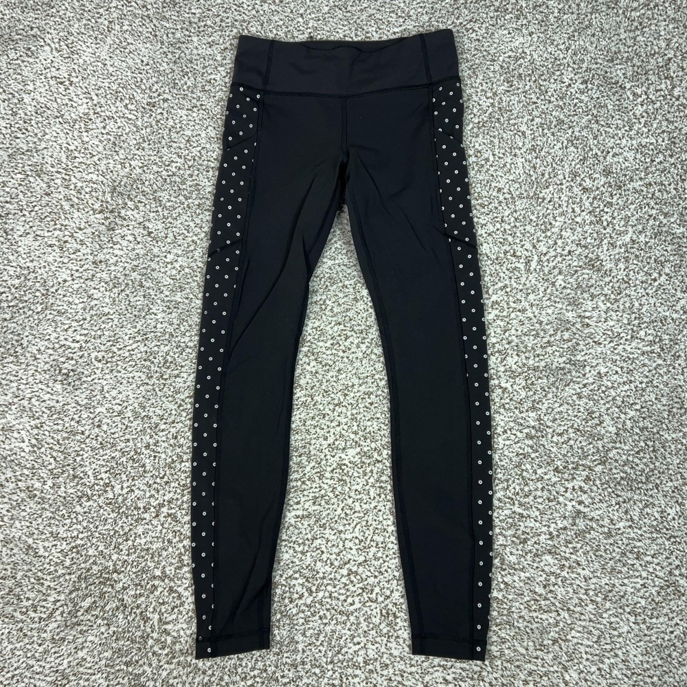 Lululemon Pants Womens 6 Black Ankle Leggings Polka Dot Pockets‎ Run Gym Yoga